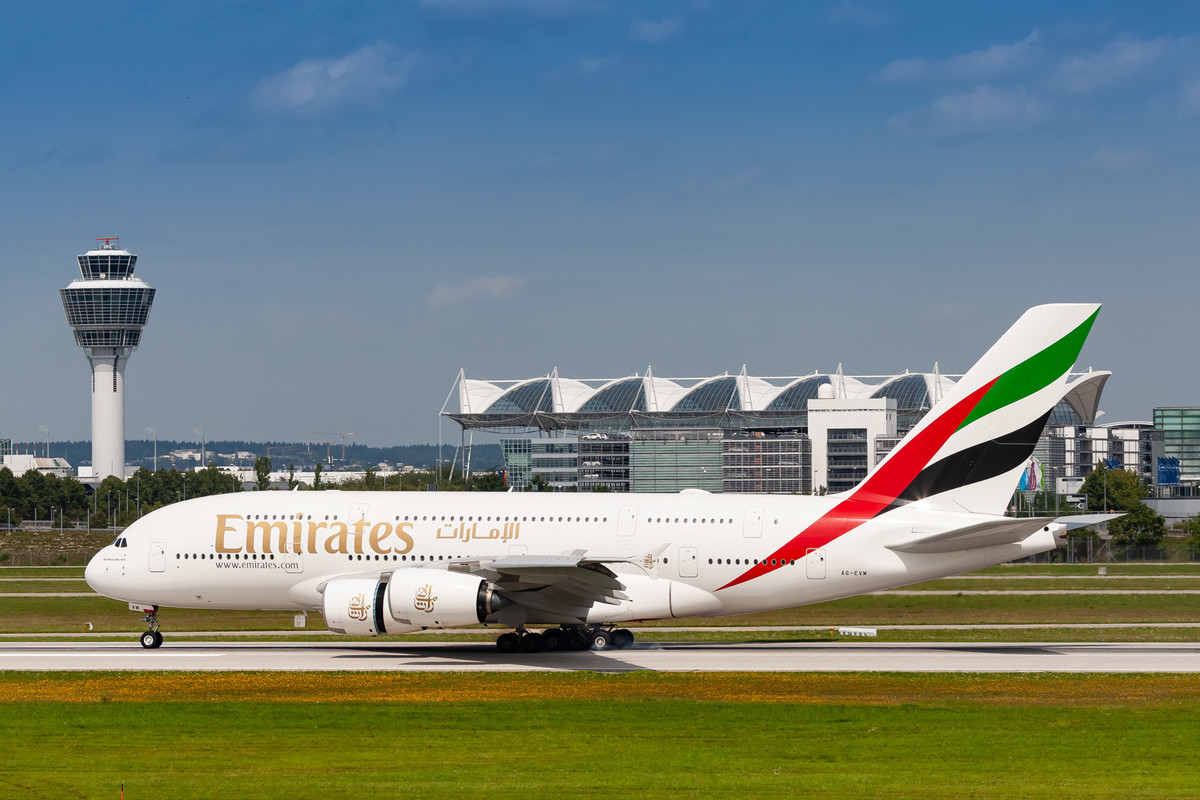 Emirates Airbus A380 (Registration "A6-EVW") at München Airport / MUC