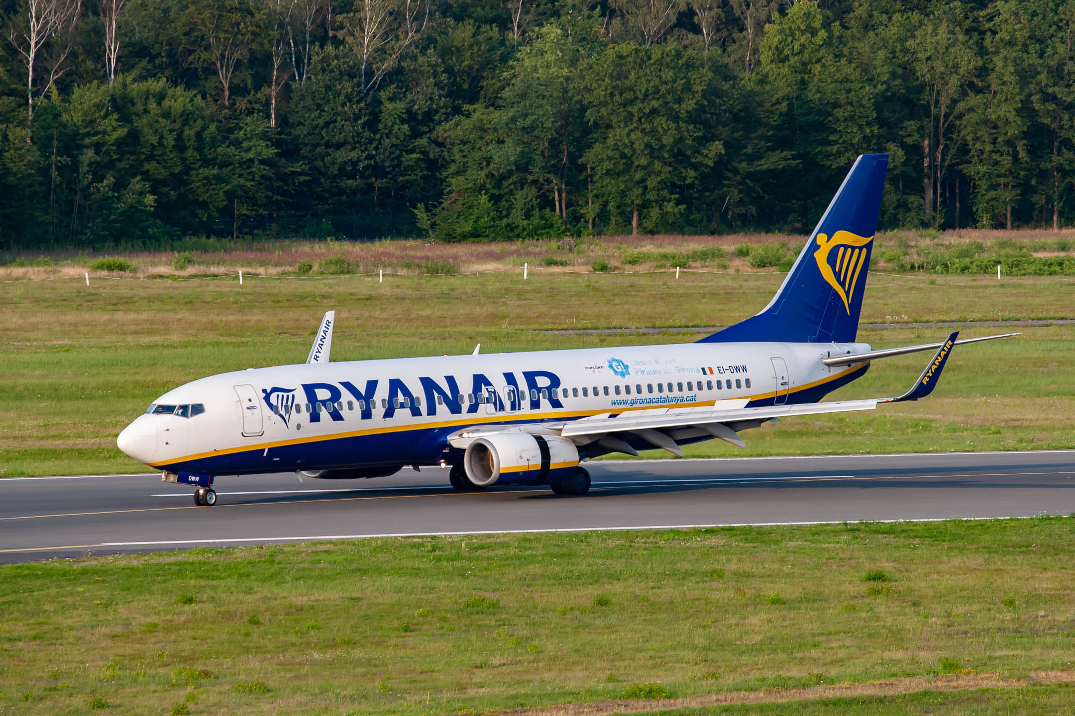 Ryanair Boeing 737-800 "EI-DWW" decelerating after landing on on runway 32R at Köln Bonn Airport, July 2021