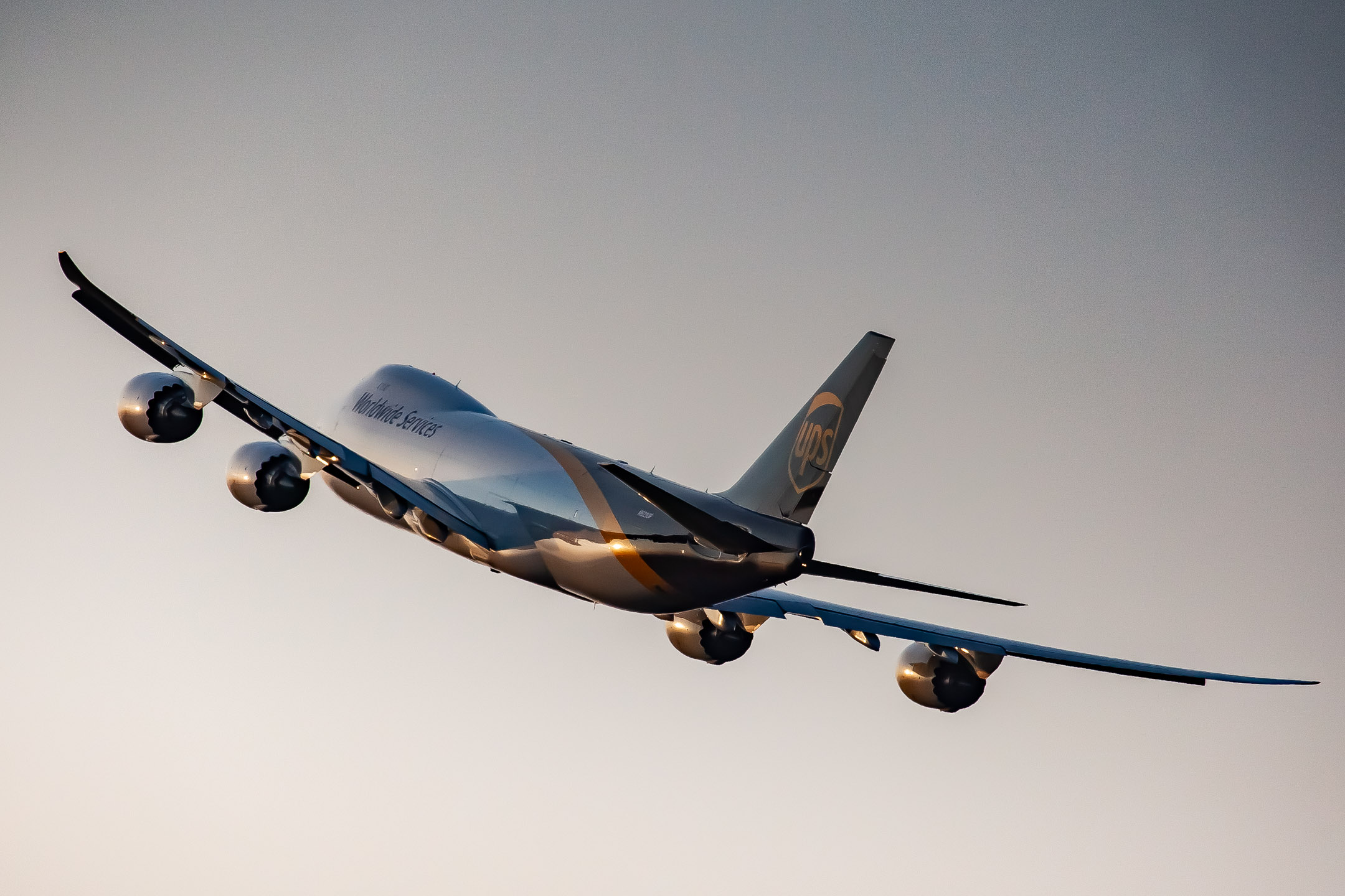 UPS Airlines Boeing 747-8F departing out of Cologne Bonn Airport on a warm summer evening, July 2021.