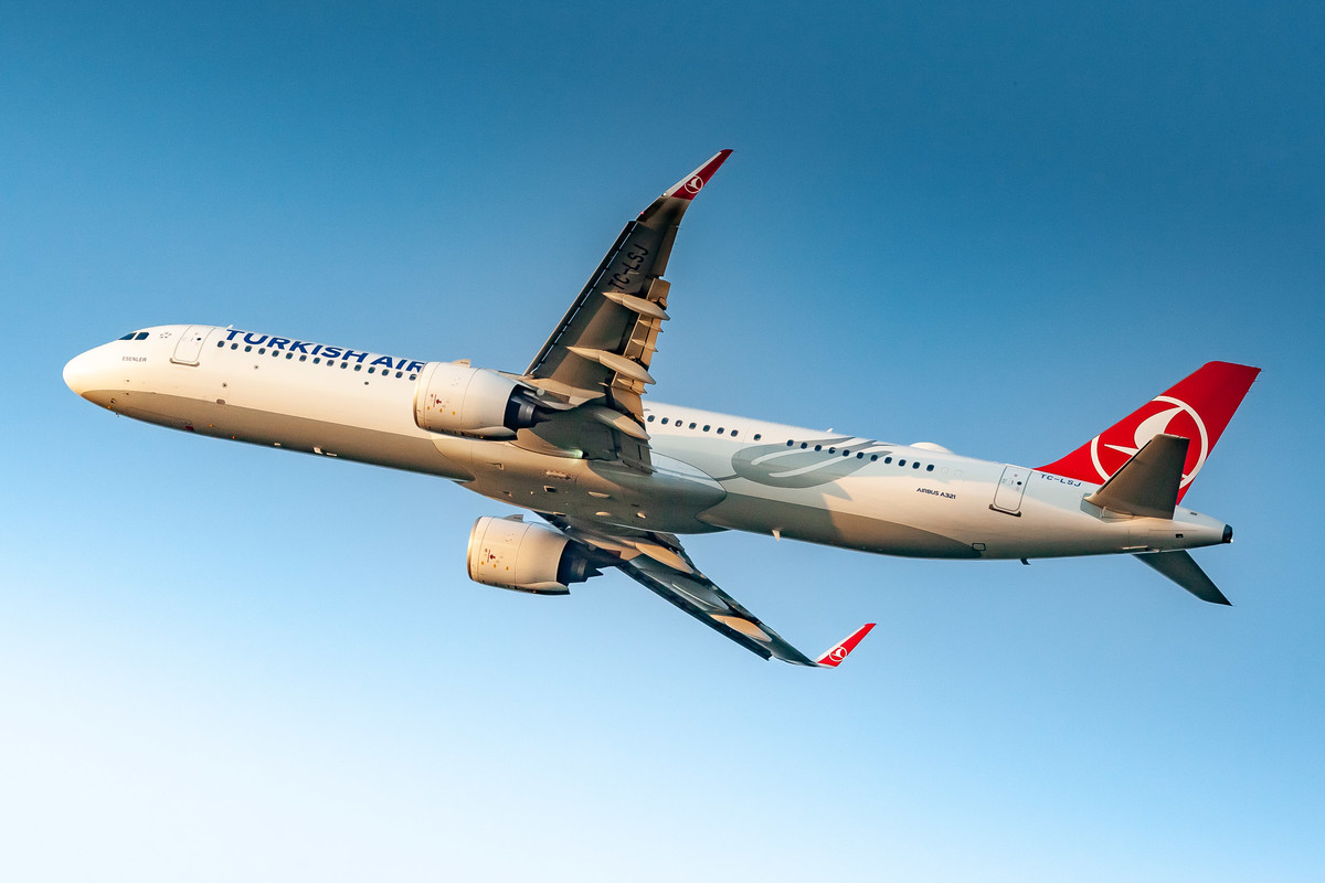 Turkish Airlines Airbus A321neo taking off from runway 32R at Köln Bonn Airport on a warm and sunny summer afternoon on July 21nd, 2021