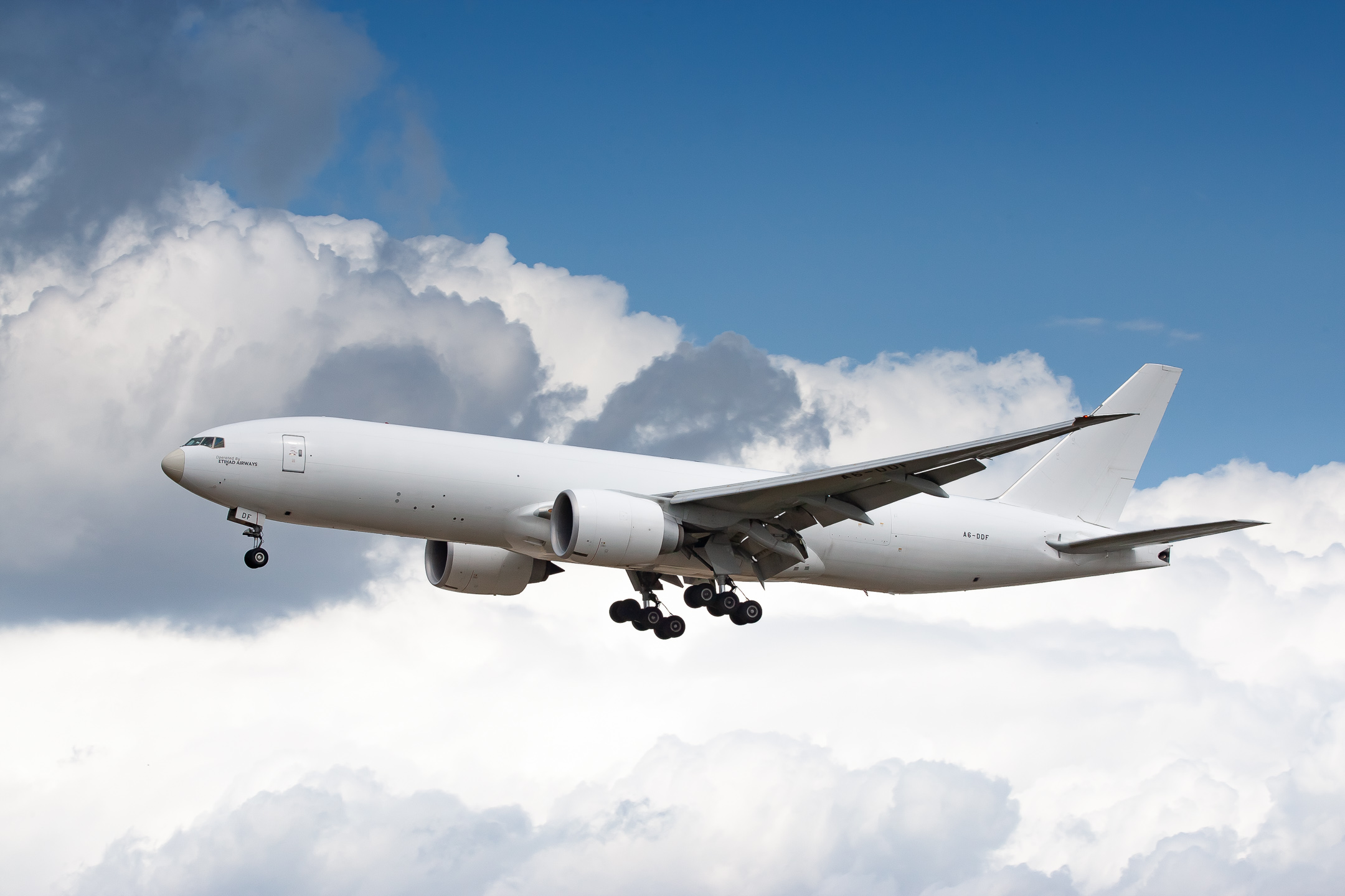 Etihad Boeing 777F "A6-DDF" arriving at Frankfurt Airport, August 2021