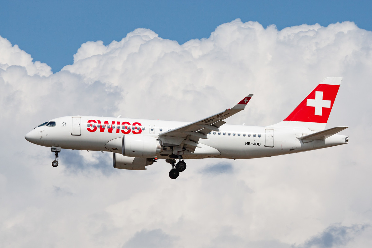 Swiss Airbus A220-100 (Registration "HB-JBD") arriving at Frankfurt Airport on a hot summer afternoon, August 2021