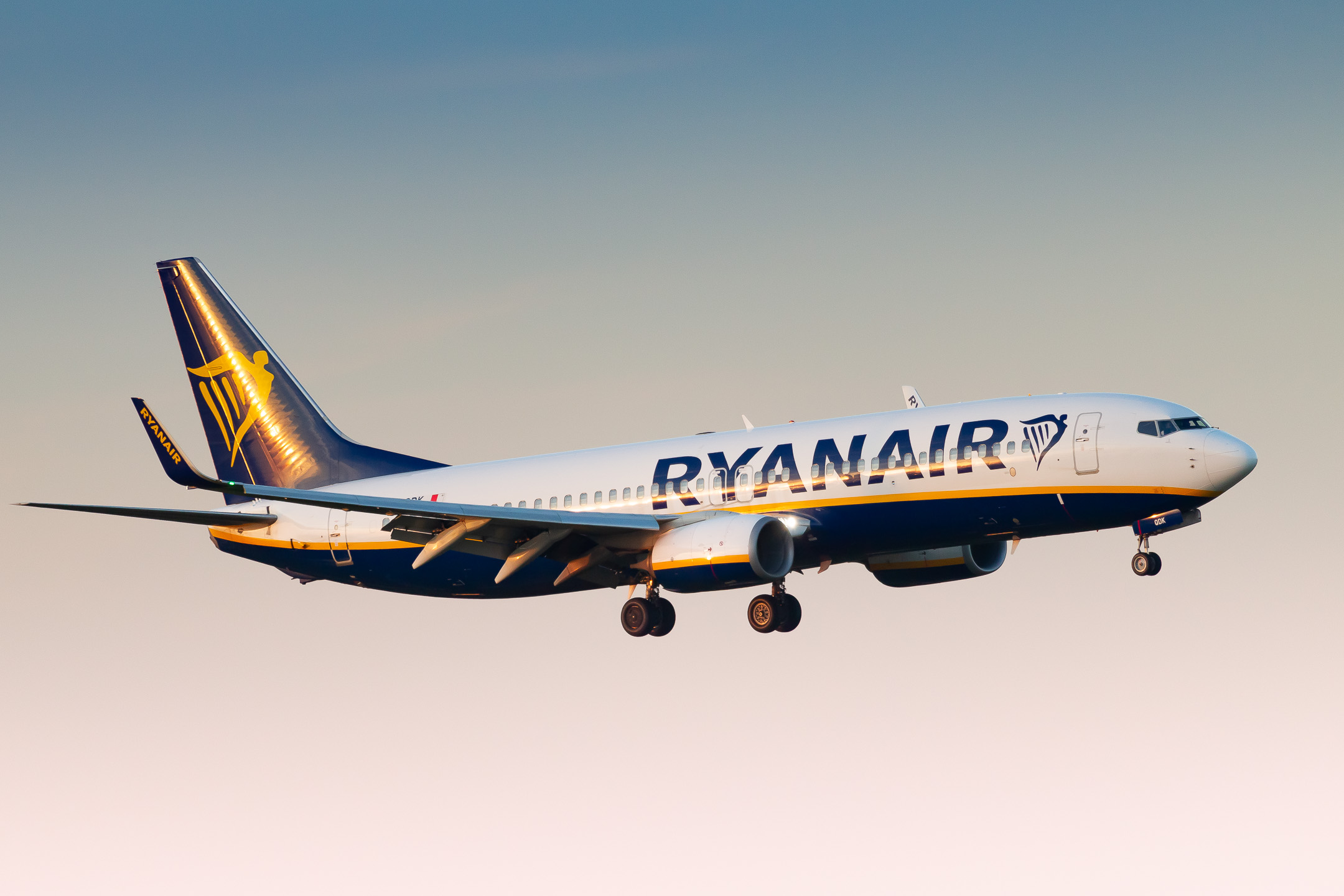 Ryanair Boeing 737-800 "9H-QDK" arriving at Cologne Bonn Airport runway 14L on a late summer evening, September 2021.