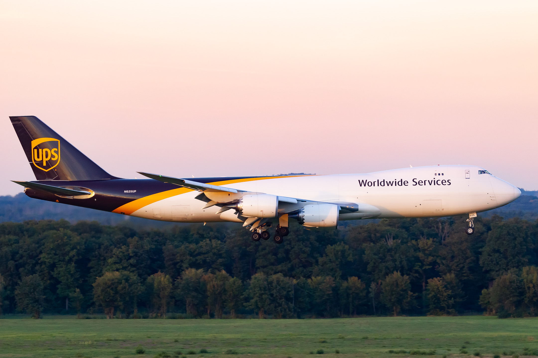 UPS Airlines Boeing 747-8F "N625UP" right before touchdown on runway 14L at Köln Bonn Airport, September 2021.