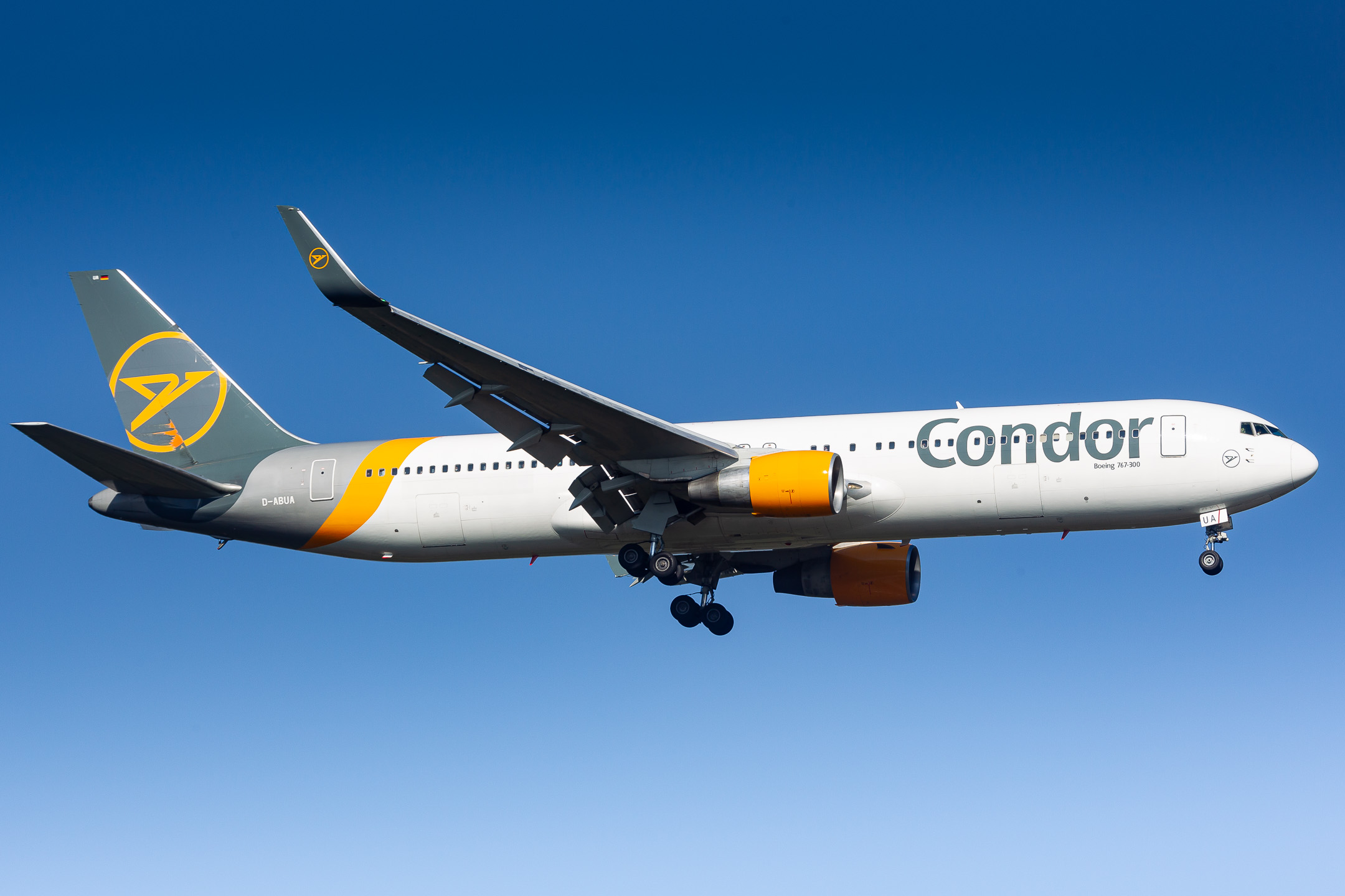 Condor Boeing 767-330ER "D-ABUA" on short final for runway 07R at Frankfurt Airport, October 2021