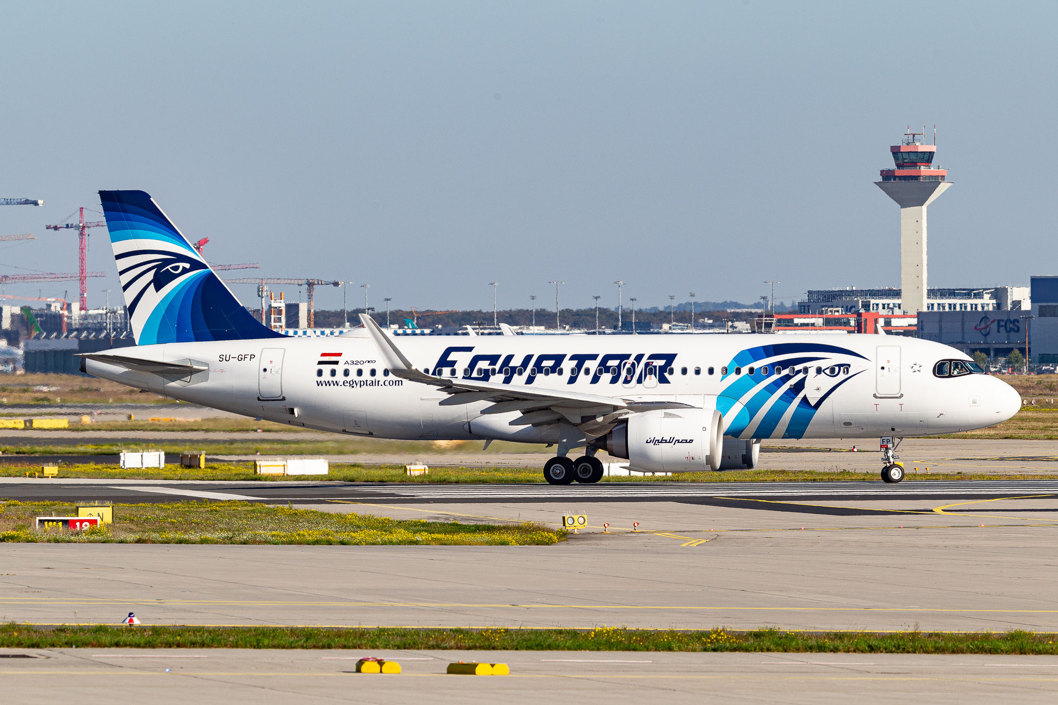 EgyptAir Airbus A320neo "SU-GFP" lining up on runway 18 at Frankfurt Airport, October 2021