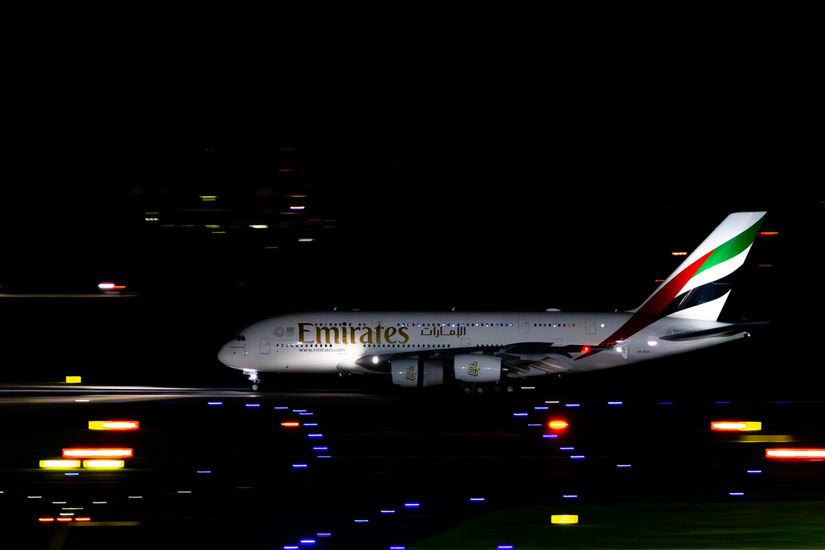 Emirates Airbus A380-800 "A6-EUC" departing out of runway 23L at Düsseldorf Airport, October 2023.