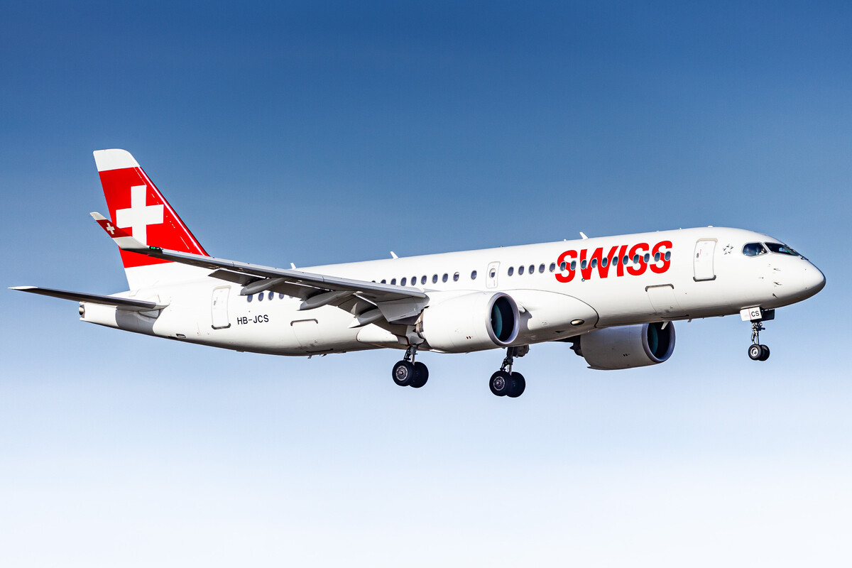 Swiss Airbus A220-300 "HB-JCS" on short final for runway 07R at Frankfurt Airport on a cold but sunny winter morning, February 2022