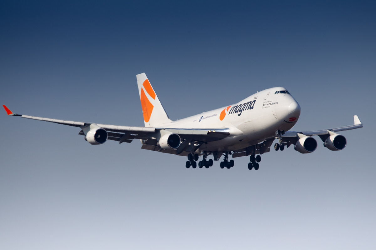 Magma Aviation Boeing 747-400F "TF-AMC" on short final for runway 07C at Frankfurt Airport, March 2022.