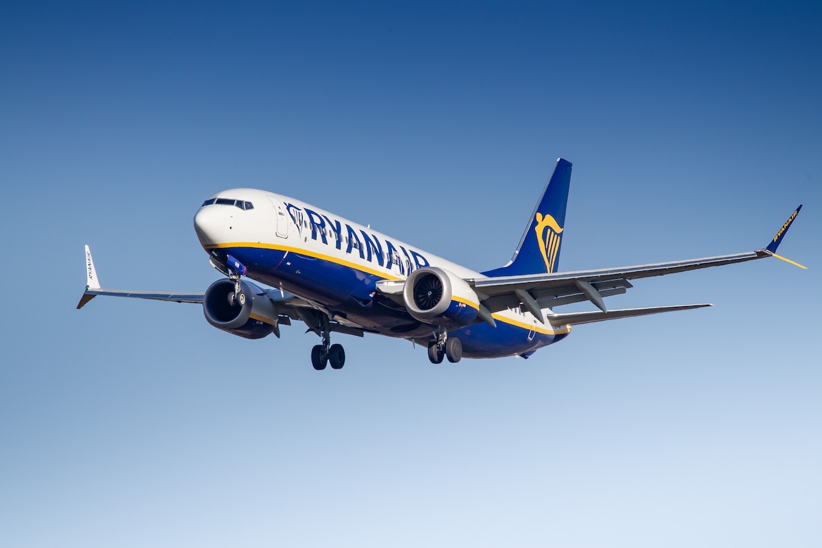 Ryanair Boeing 737 MAX 8 "9H-VUR" on short final for runway 32R at Cologne Bonn Airport on a warm spring afternoon, April 2022.