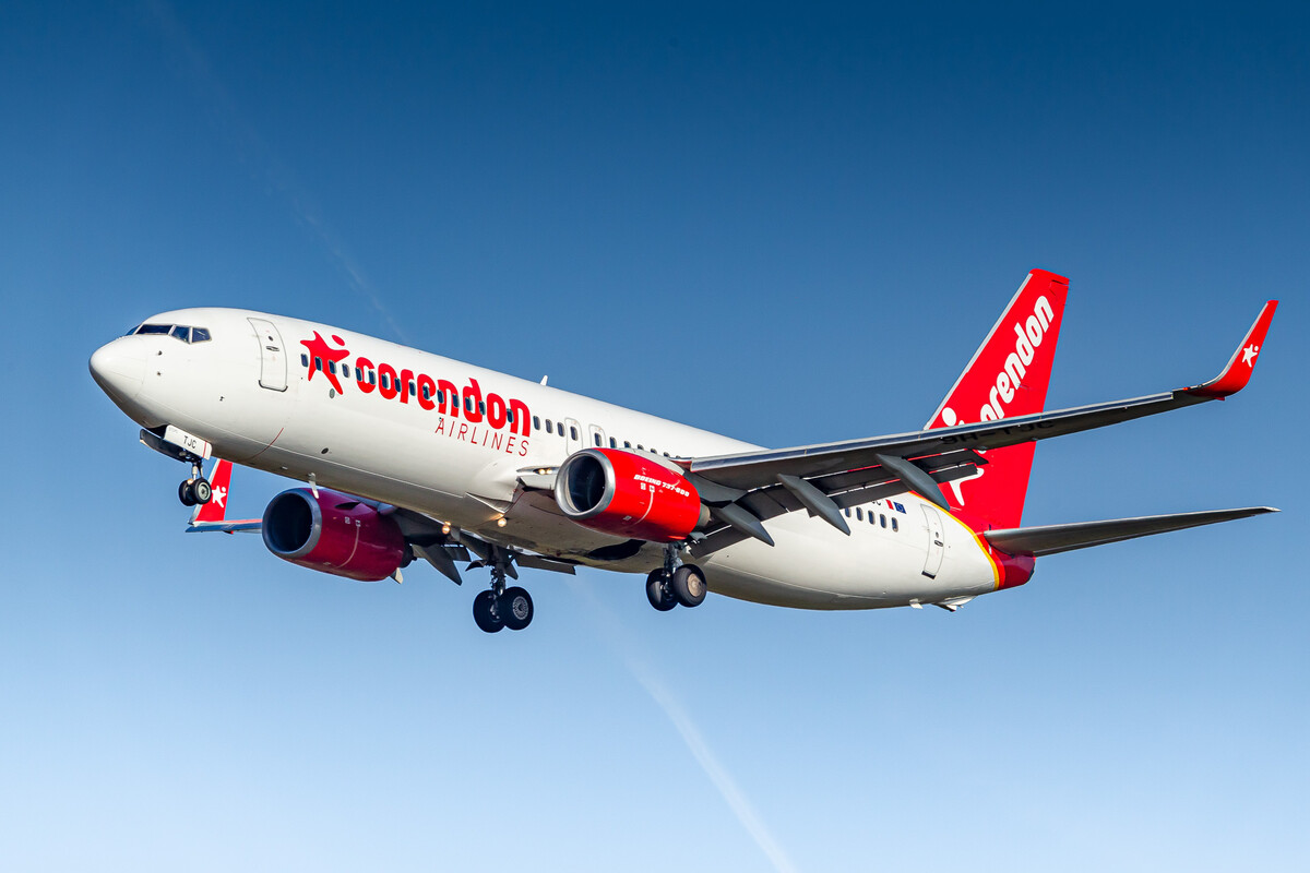 Corendon Airlines Boeing 737-800 "9H-TJC" on short final for runway 32 right at Köln Bonn Airport on a warm spring afternoon, April 2022