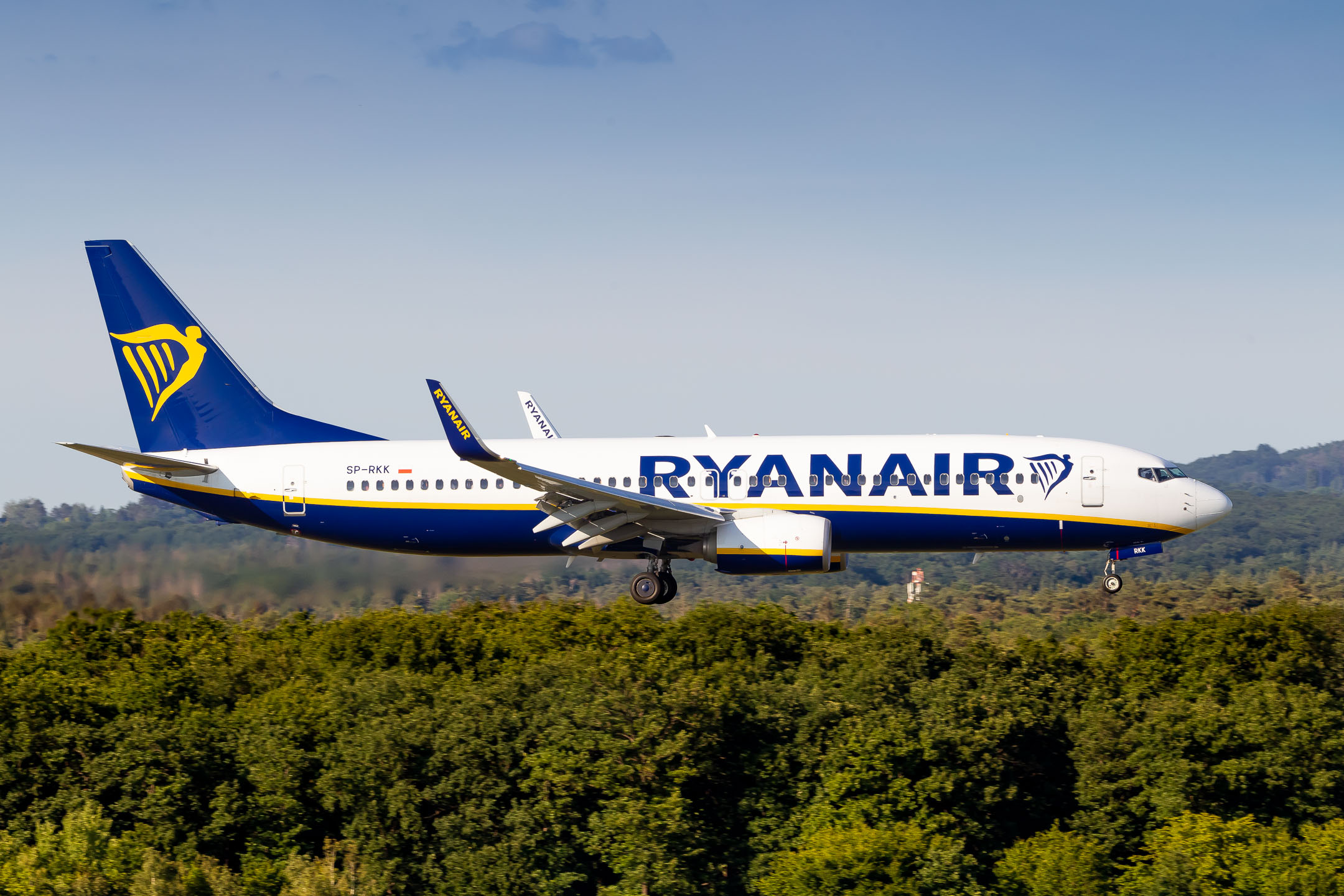 Ryanair Boeing 737-800 "SP-RKK" shortly before touchdown on runway 14L at Köln Bonn Airport on a warm summer afternoon, June, 2022