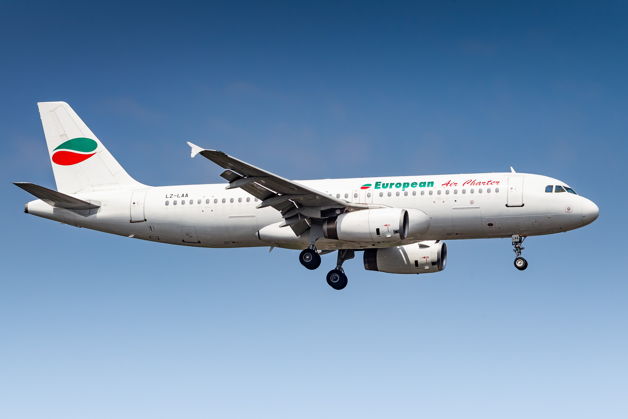 European Air Charter Airbus A320-200 "LZ-LAA" on short final for runway 05R at Düsseldorf Airport, June 2022.