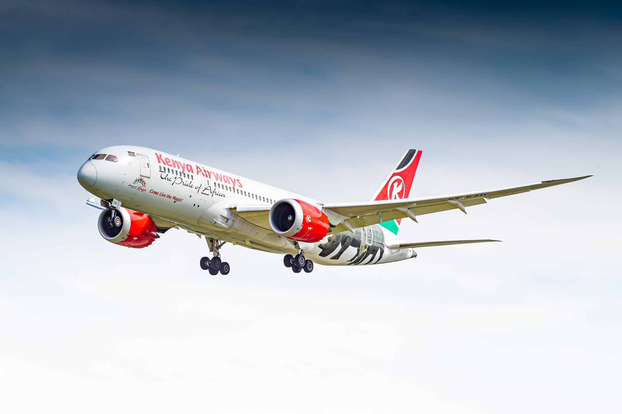 Kenya Airways Boeing 787-8 Dreamliner "5Y-KZD" arriving at Amsterdam Schiphol Airport on a bright summer morning, July 2022.