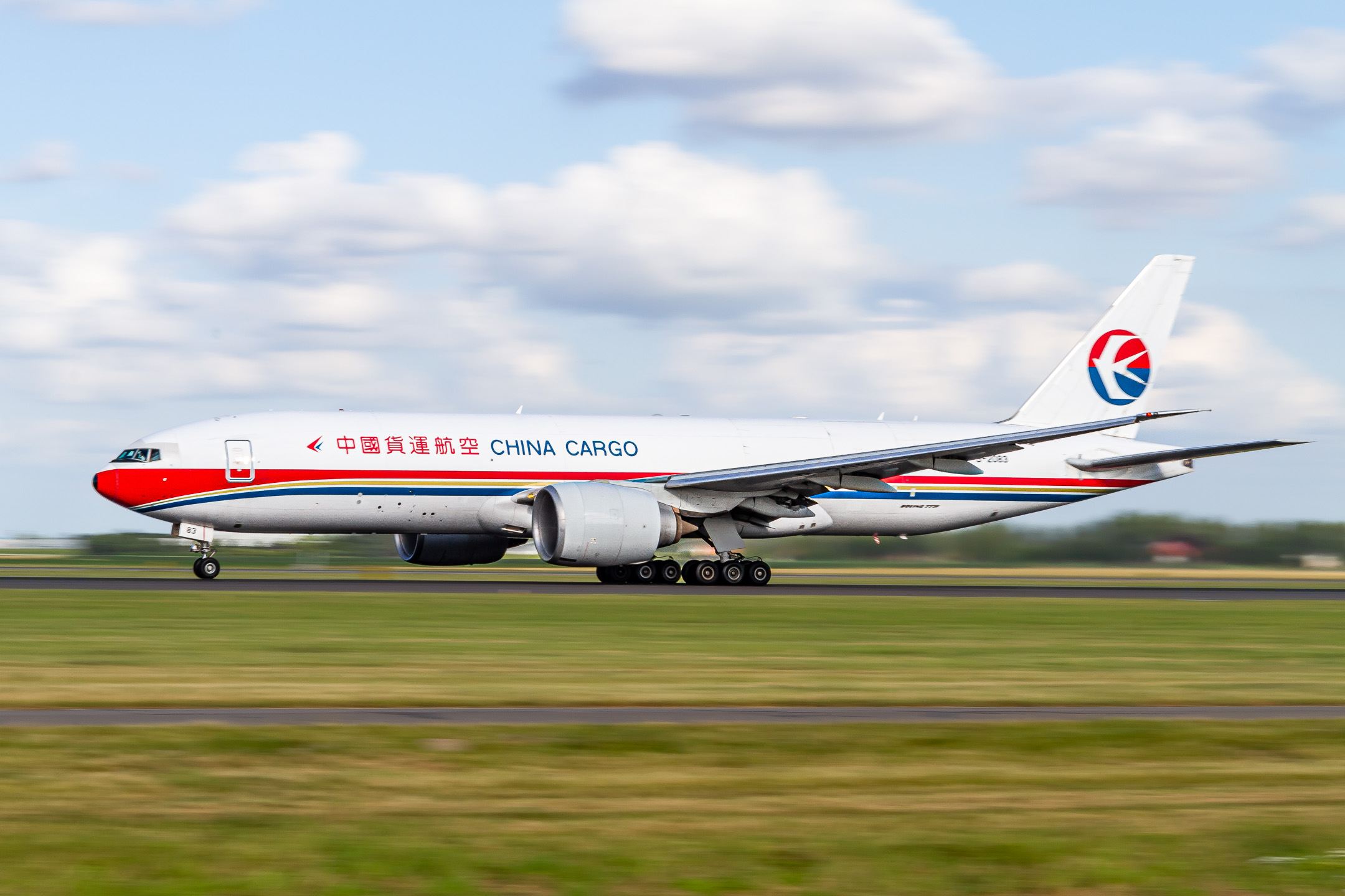 China Cargo Airlines Boeing 777F "B-2083" accelerating on the Polderbaan runway on a warm summer evening, July 2022