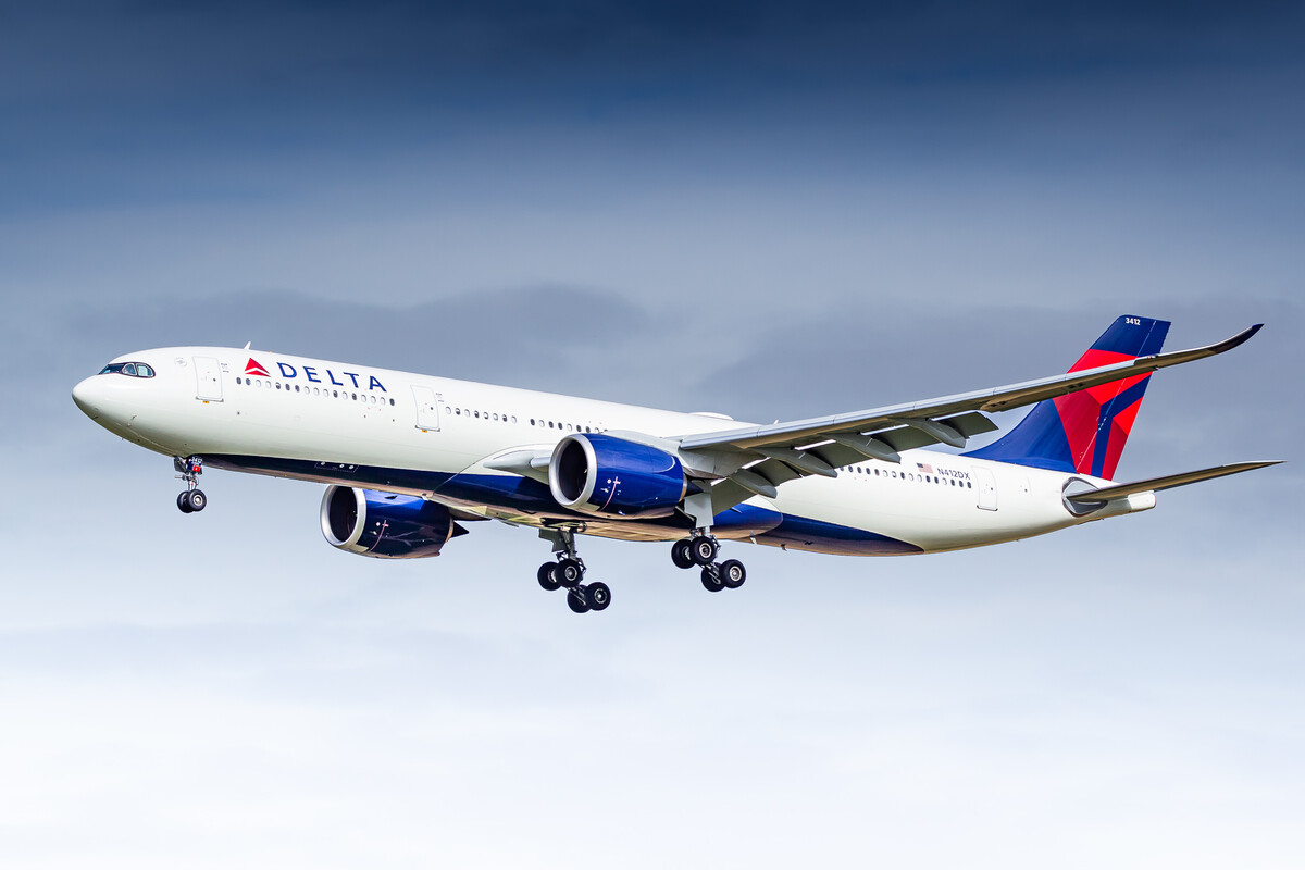 Delta Airbus A330-900 "N412DX" coming in at Amsterdam Schiphol Airport on a cloudy summer afternoon, July 2022