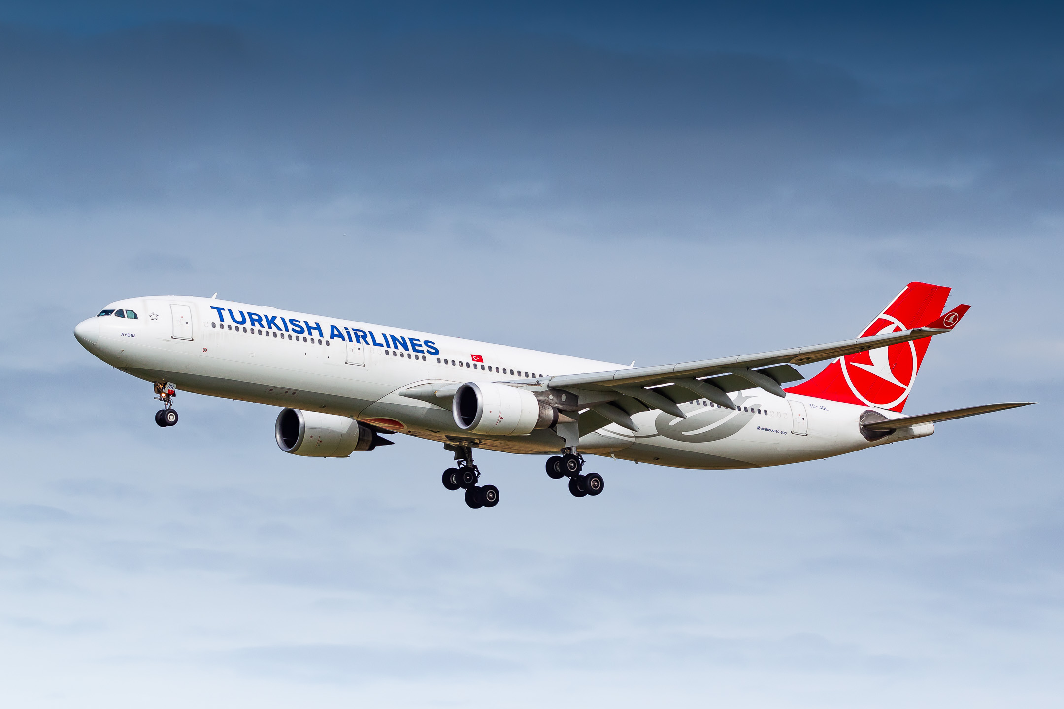 Turkish Airlines Airbus A330-303 "TC-JOL" right before touchdown at Amsterdam Schiphol Airport, July 2022.