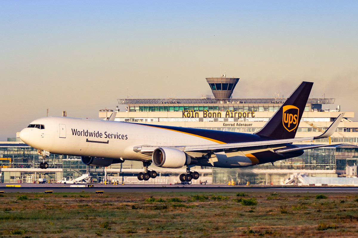 UPS Airlines Boeing 767-300 "N393UP" right before touchdown on runway 14 left at Köln Bonn Airport on a bright autumn morning, October 2022.