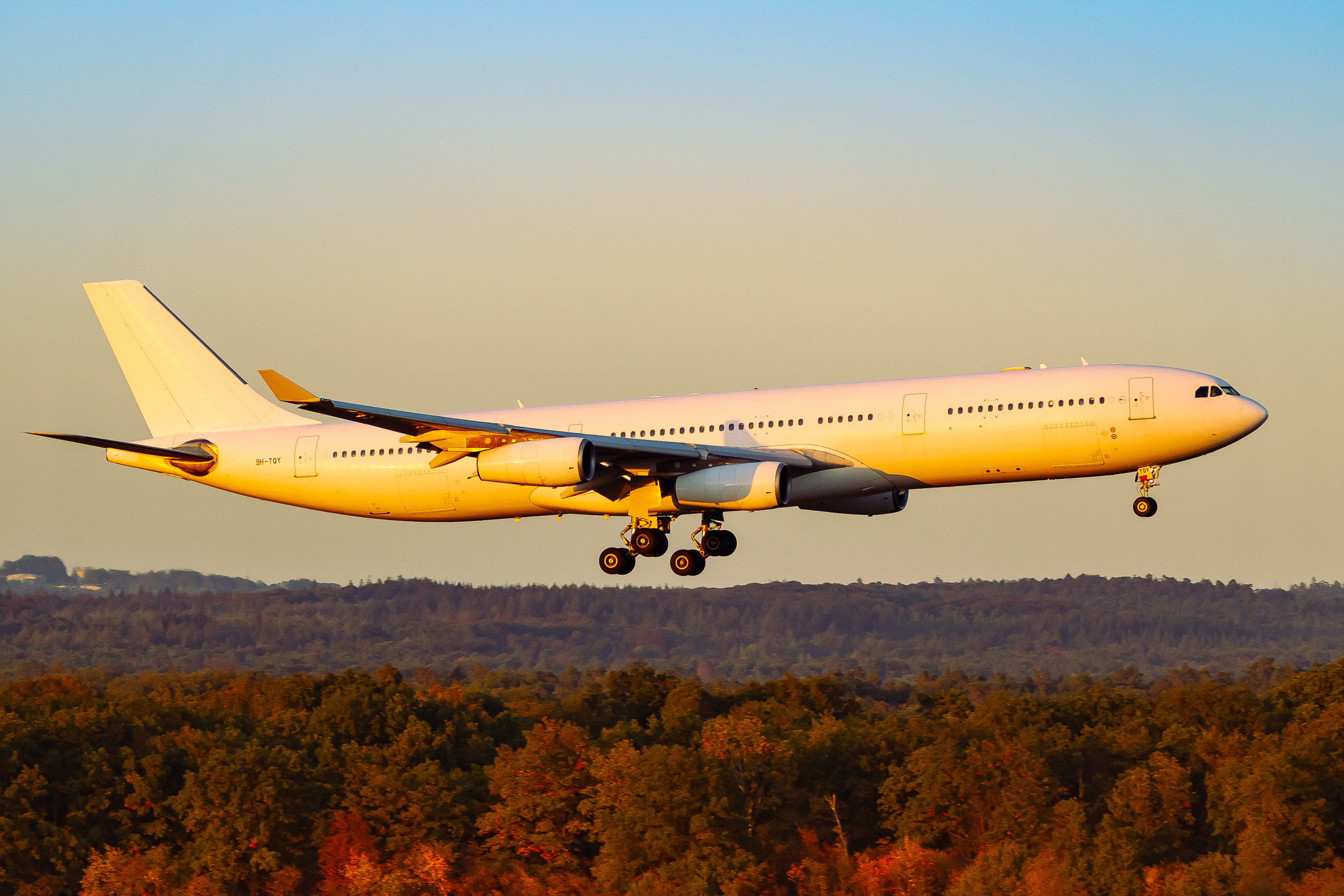 Hi Fly Airbus A340-300 "9H-TQY" on short final for runway 14 left at Köln Bonn Airport on a sunny late autumn afternoon, October 2022.