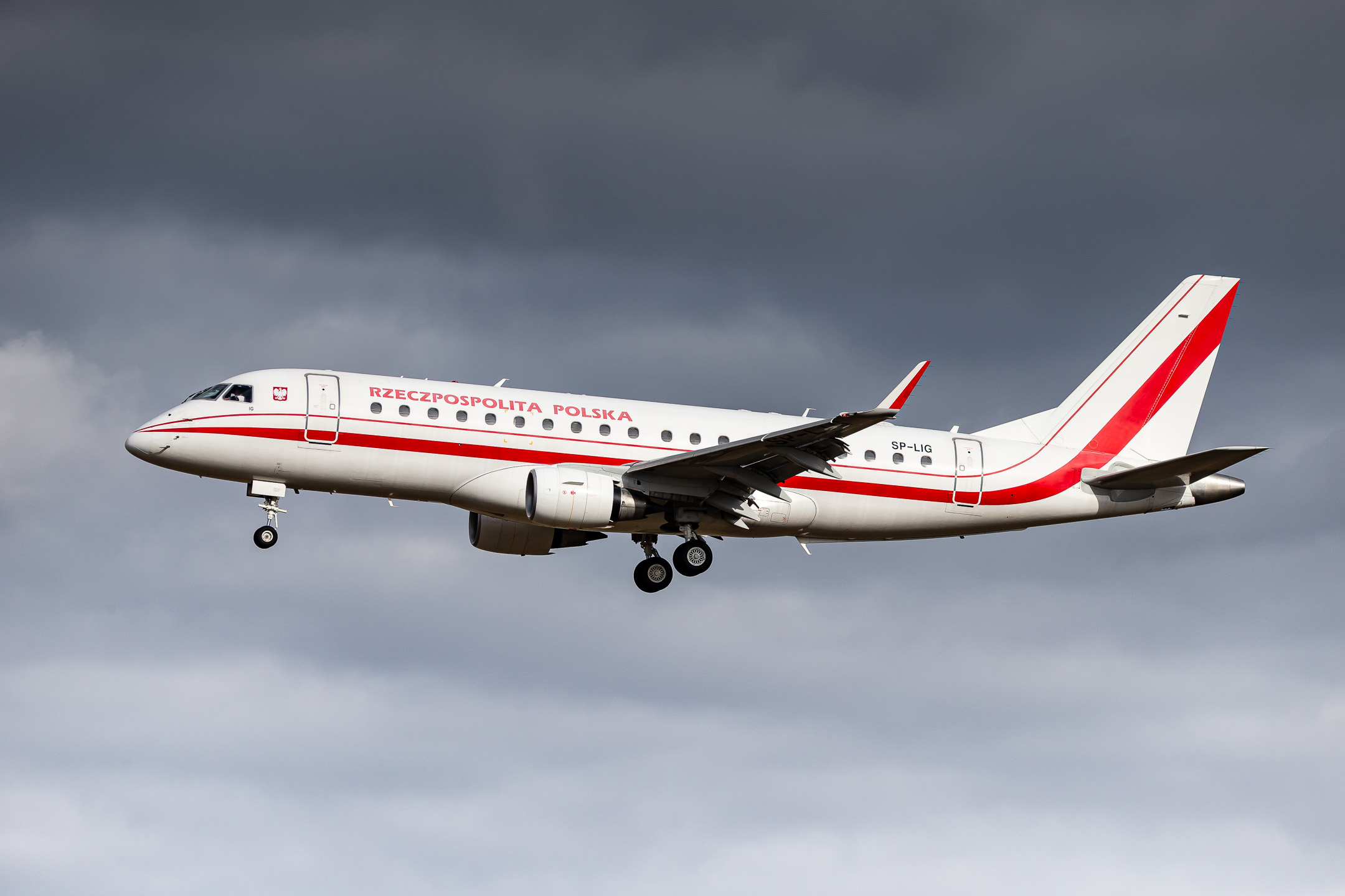 Polish Government Embraer ERJ-175LR "SP-LIG" right before touchdown on runway 26L at München Airport during the Munich Security Conference in February 2023