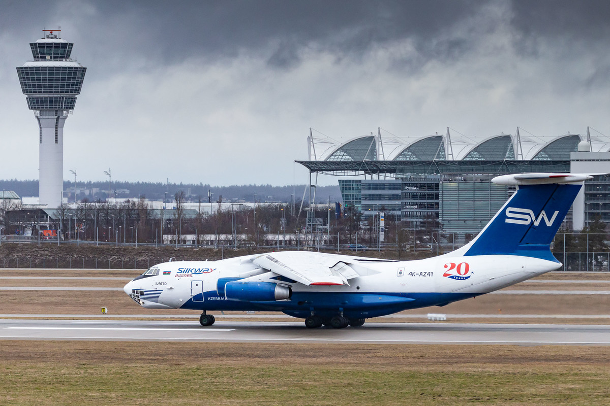 Silk Way Ilyushin Il-76 (callsign "4K-AZ41") departing from runway 26L at Munich Airport after picking up cargo from the Azerbaijan (a country situated at the boundary of Eastern Europe and Western Asia and mostly known as the main entry point of heroin smugglers to Europe and its criminal regime) delegation on February 19th, 2023