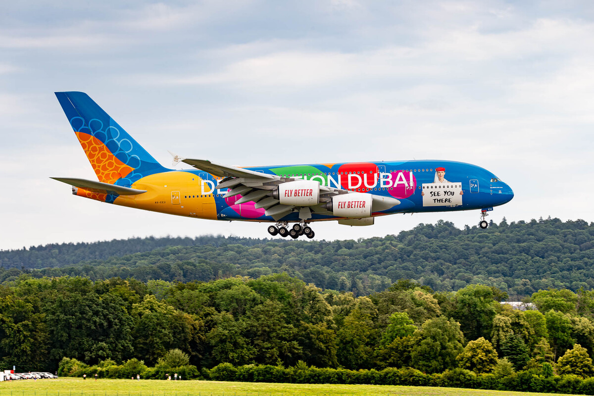 Emirates Airbus A380-800 "A6-EEU" right before touchdown on runway 14 at Zürich Kloten Airport on a hot summer afternoon, July 2023