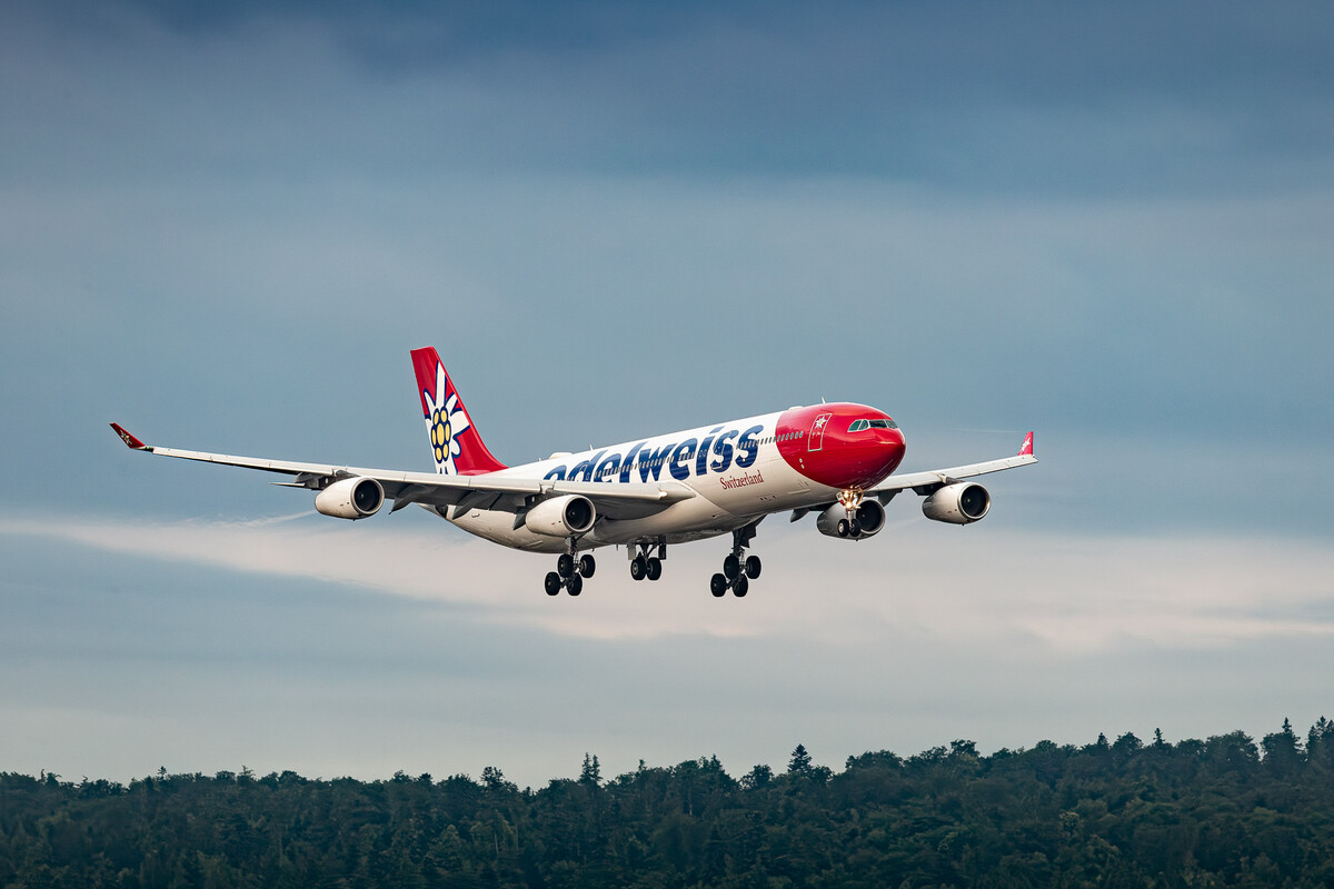 Edelweiss Air Airbus A340-300 "HB-JMC" on short final for runway 34 on a early summer morning, July 2023.