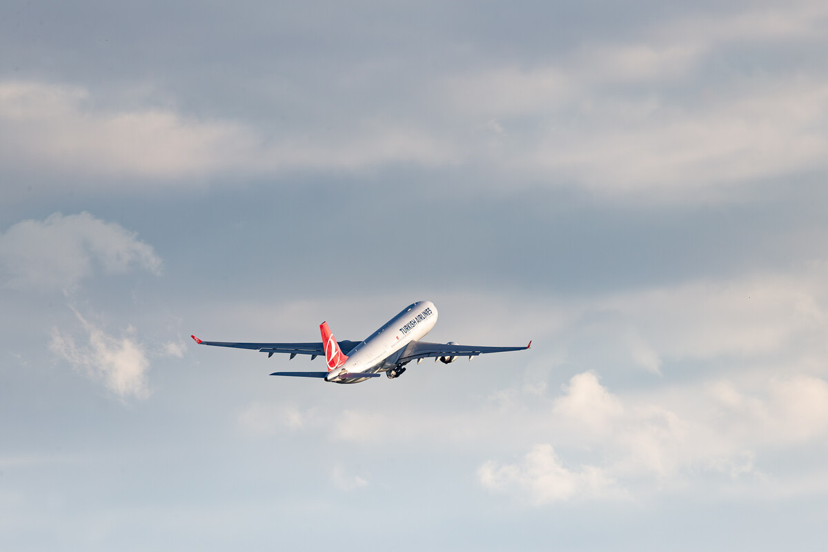 Turkish Airlines Airbus A330-200 "TC-JIO" departing from runway 23 left at Düsseldorf Airport on a cloudy summer evening, August 2023