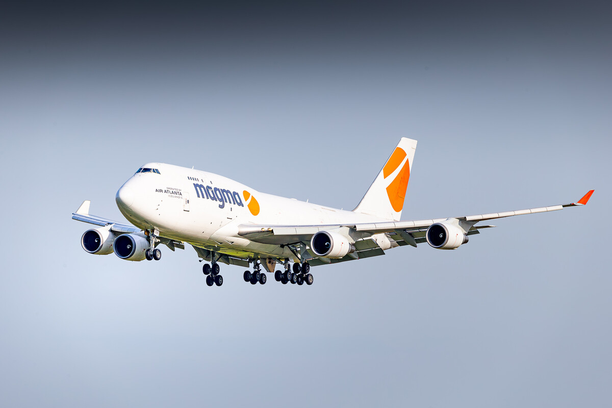 Magma Aviation Boeing 747-400F "TF-AMP" on short final for runway 22L at Liege Airport on a bright and sunny Autumn morning, October 2023