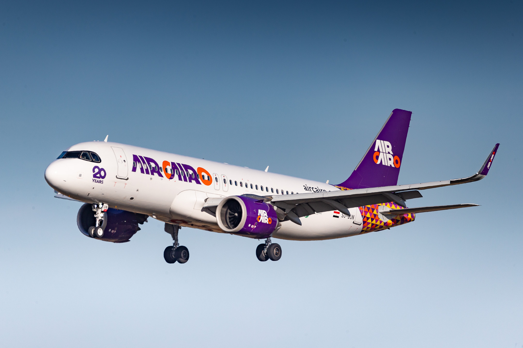 Air Cairo Airbus A320 Neo on short final for runway 23L at Düsseldorf Airport on a cold winter afternoon, January 2024