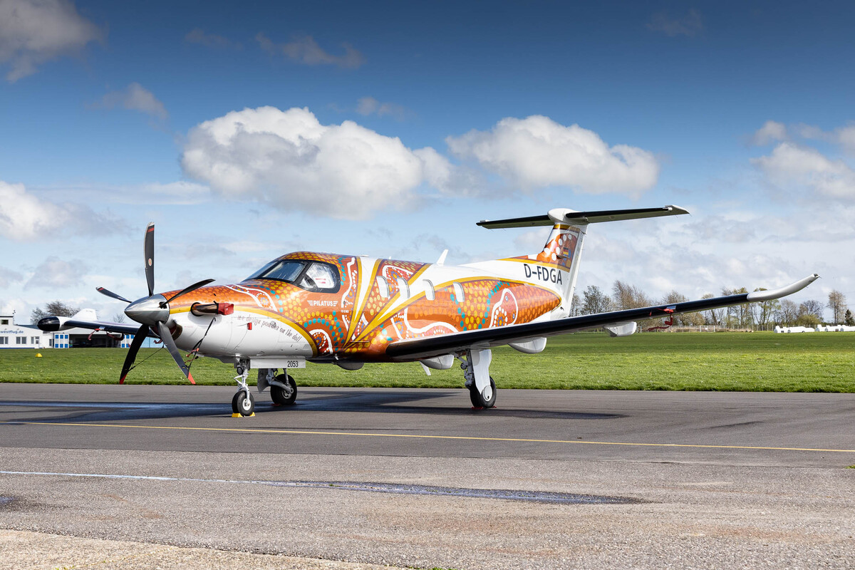 Private Pilatus PC-12 NGX "D-FDGA" sitting on the ramp at Aachen Merzbrück Airport on a bright and cloudy spring afternoon, April 2024