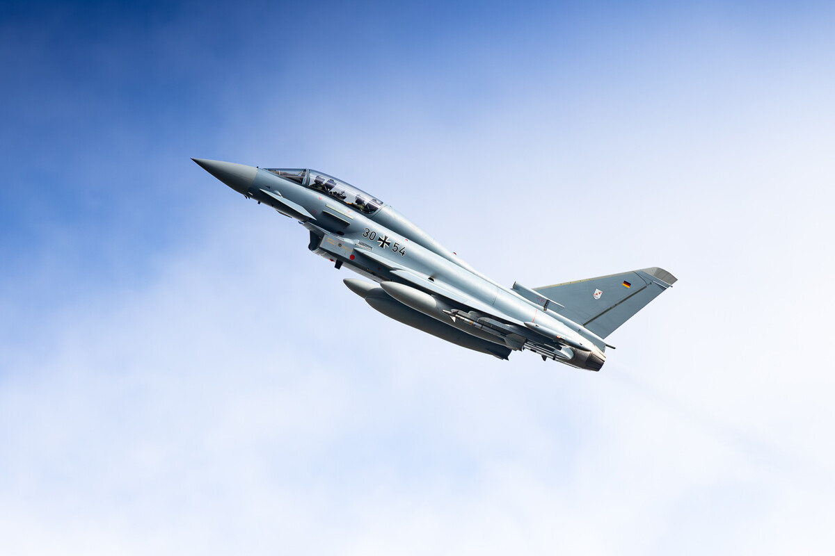 Luftwaffe Eurofighter Typhoon "30+54" departing out of runway 25 at Nörvenich Air Base on a bright and sunny morning, May 2024