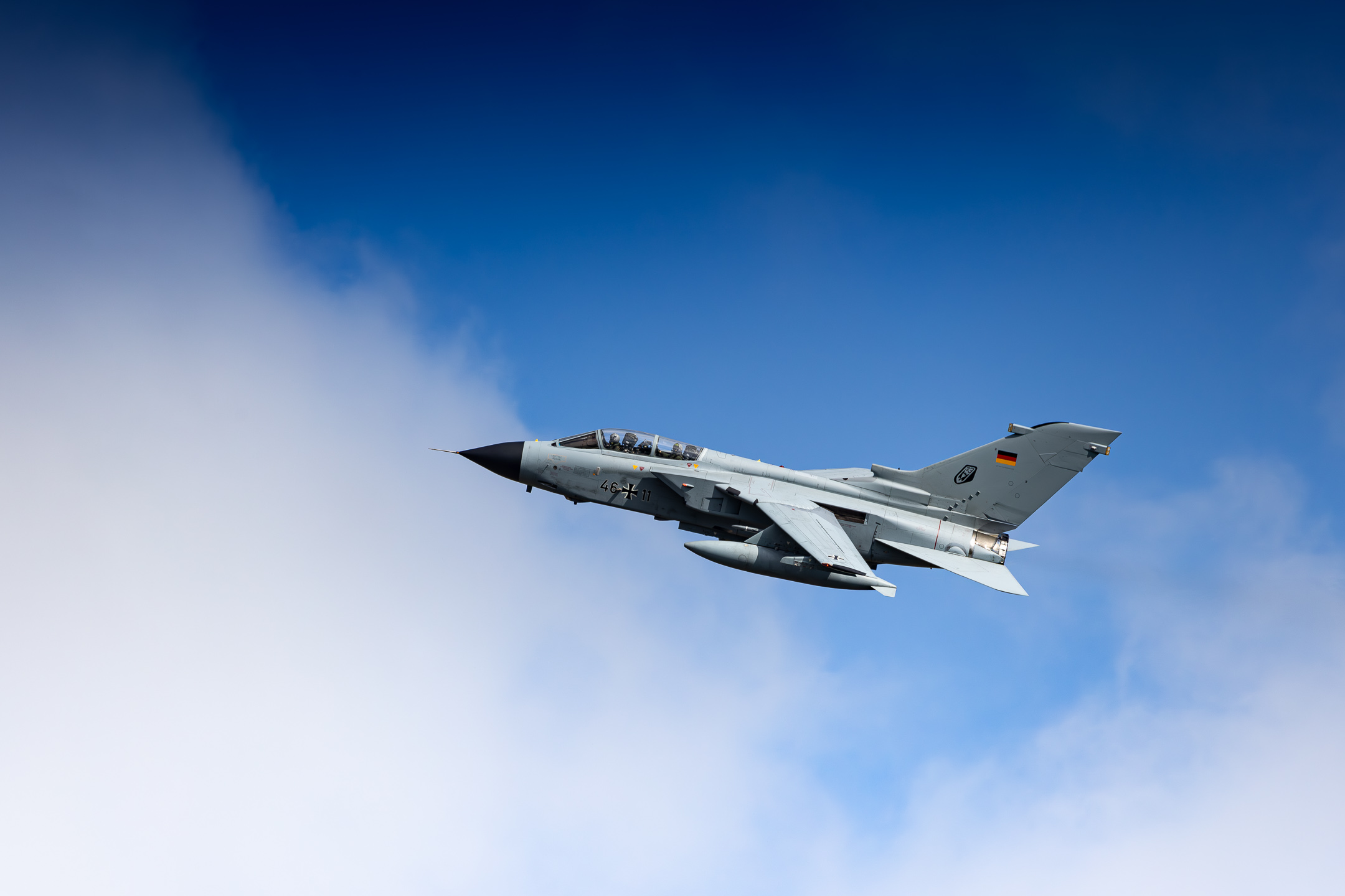 Luftwaffe Panavia Tornado IDS "46+11" blasting out of runway 25 at Nörvenich Air Base on a bright and sunny morning, May 2024